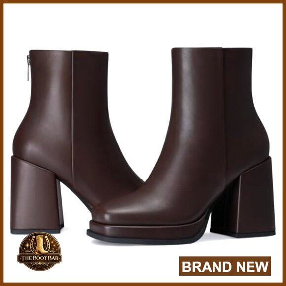 Platform Ankle Boots Chunky Heel Leather Booties Minimal Chic Office Party - Picture 3 of 7